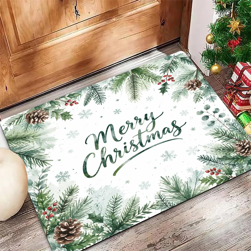 Watercolor Xmas Foliage Doormat Merry Christmas Pine Cone Holly Leaf Print Entryway Floor Mat for Front Door Indoor Holiday Home