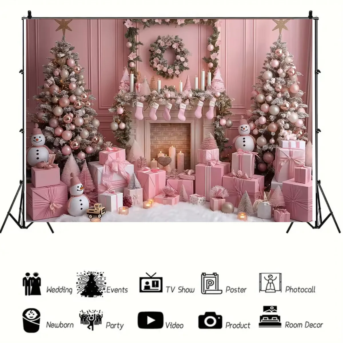 Pink Christmas theme background fireplace gift Christmas tree children family gathering portrait photography background Studio