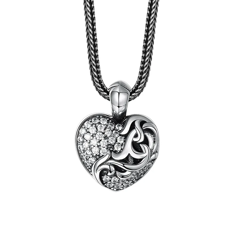 BOCAI S925 Silver Retro Personalized Women's Heart-shaped Diamond Patterned Pendant With