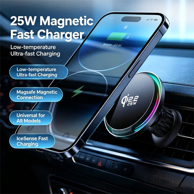 Qi2 25W RGB Magnetic Car Wireless Charger 360° Rotate Cooling Phone Holder Stand For Magsafe iPhone 17 Pro Max Samsung S26 Ultra