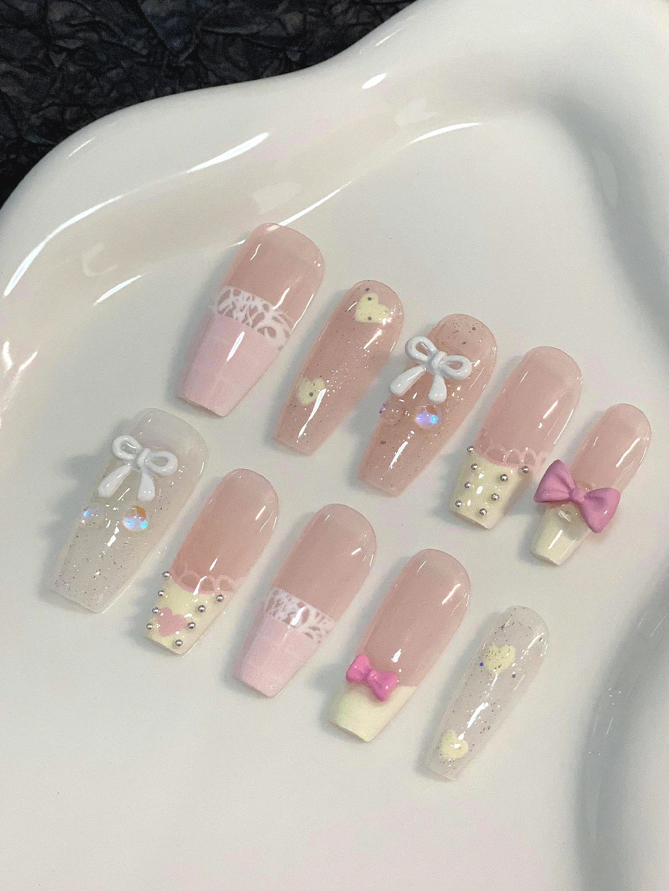 Nude Pink Lace Bowknot Cream Yellow French-Style Press-On Nails, 10-Piece Set, Jk Uniforms, Lolita Dresses, Afternoon Tea Dates, Korean-Style Girl Outfits