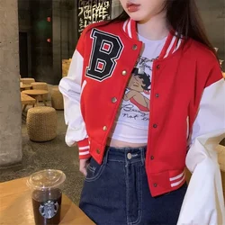 Brown Baseball Fashion Fall Jackets For Women 2023 Patchwork Button Black Crop Top Jackets Coats Red Varsity Bomber Jacket