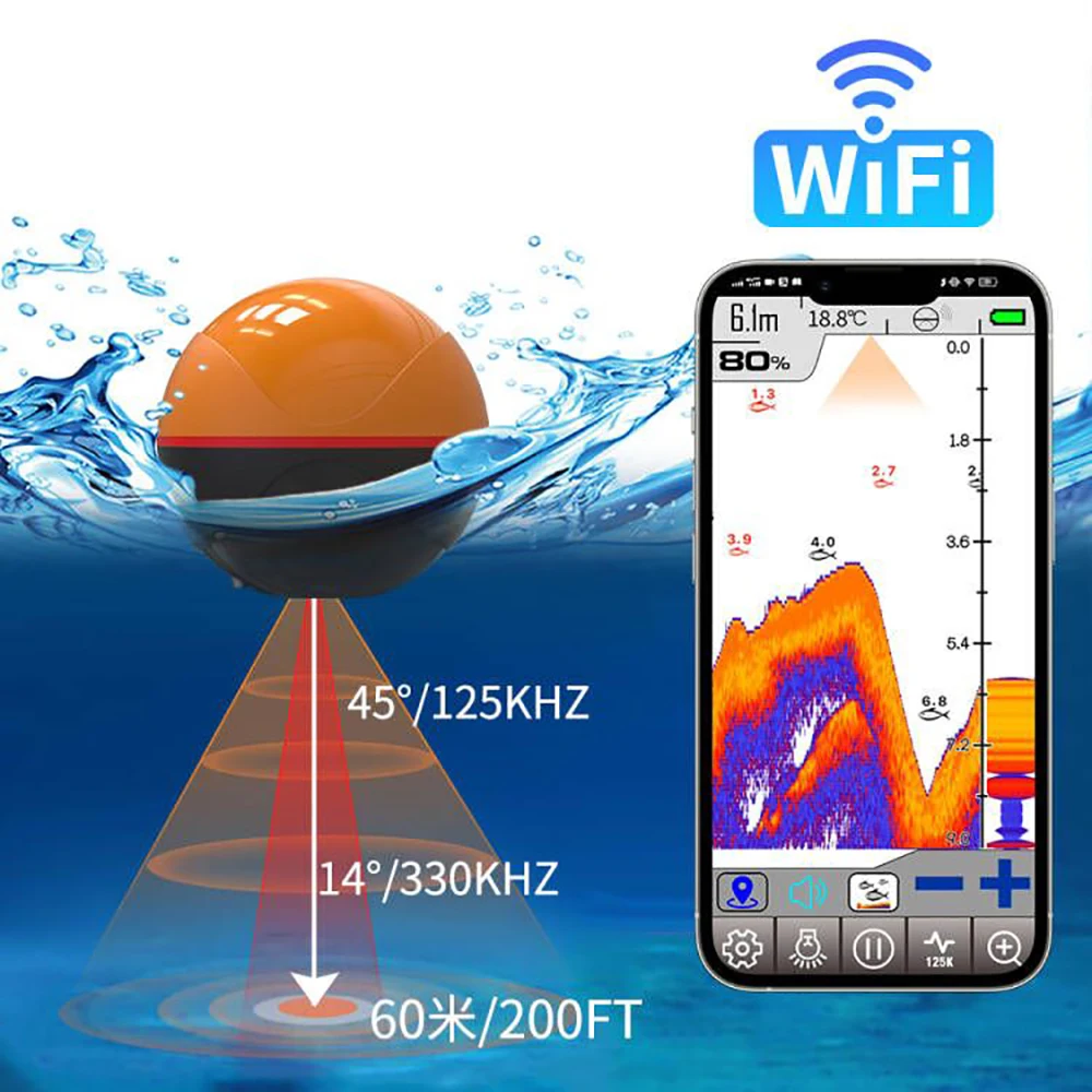 Erchang F68 Wifi Fish Finder Sonar For Fishing 125khz/330khz Echo-sounder Portable Wireless Sounder Android&IOS APP