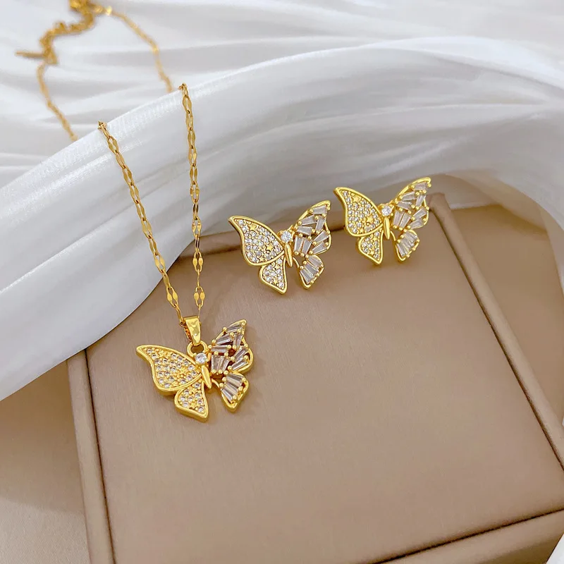 

Royal Court Style Butterfly White Crystal Necklace Earrings Set Women Wedding Jewelry Titanium Steel O-chain Girl Party Gift