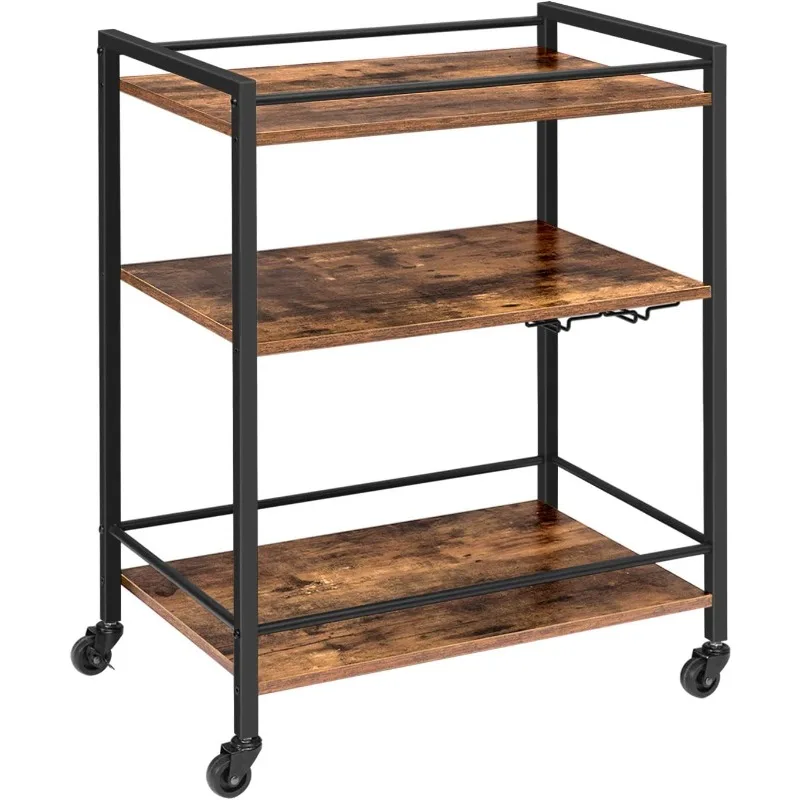 Bar Cart for The Home, Serving Cart with Wine Glass Hooks, Rolling Kitchen Cart with Lockable Wheels