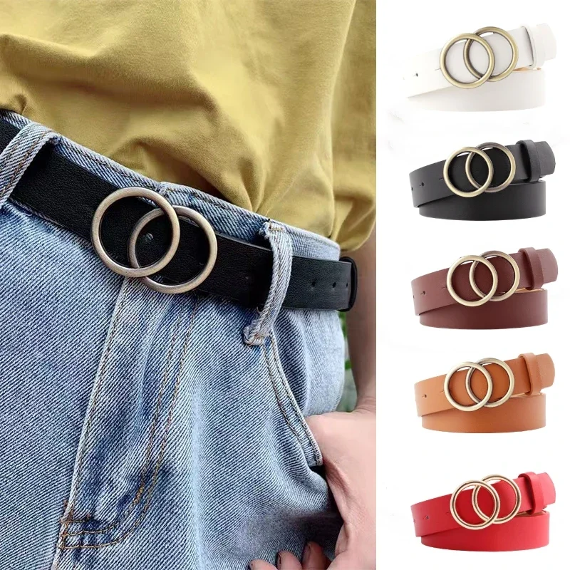 

Big Double Ring Circle Metal Buckle Belt Women Fashion Wild Waistband Ladies Wide Leather Straps Belts for Leisure Dress Jeans