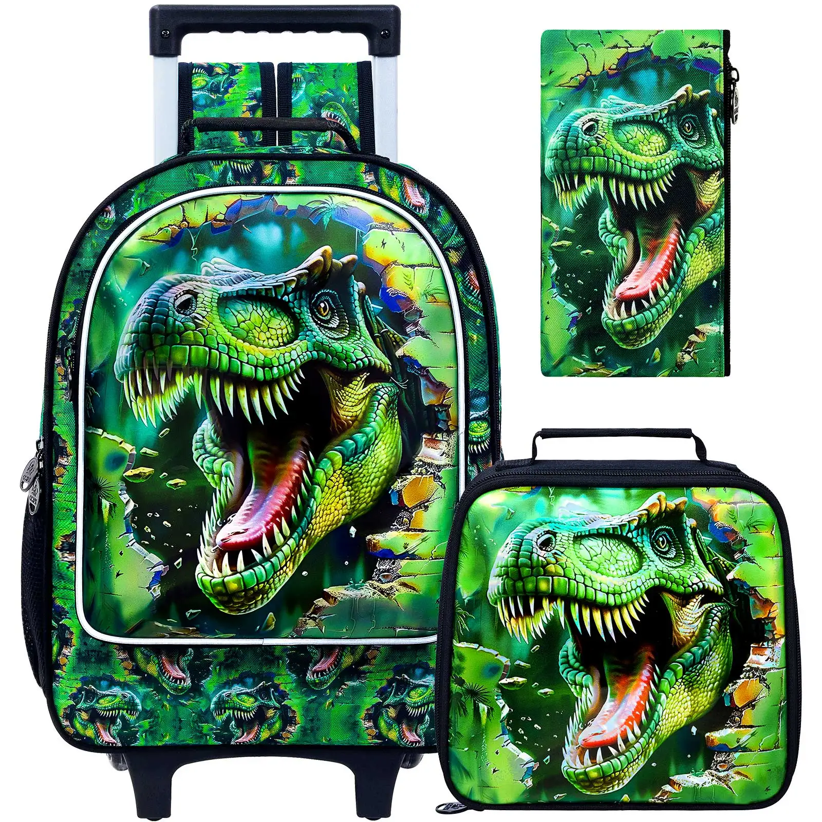

3PCS Rolling Backpack for Boys,Kids Dinosaur Backpacks with Roller Wheels, Wheeled Bookbag with Lunch Box for Toddler Elementary