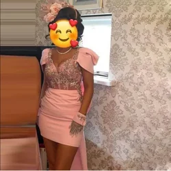 Sexy Women Cocktail Gowns Cap Sleeves Pink Party Beading Girls Prom Dresses Applique Birthday Dress with Gloves