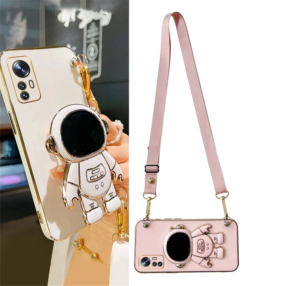 Space Astronaut Holder Crossbody Lanyard Plating Case For Xiaomi Redmi Note 11 10 9 Pro 11S 10S 9S Mi 11T 11 Lite 5G NE Cover