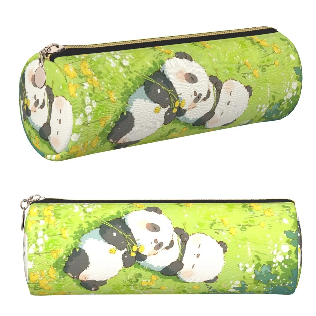 Adorable estuche para lápices con diseño de panda que se encuentra acostado sobre el césped, suministros de papelería, caja para bolígrafos de gran capacidad, bolsa para lápices para niños y niñas