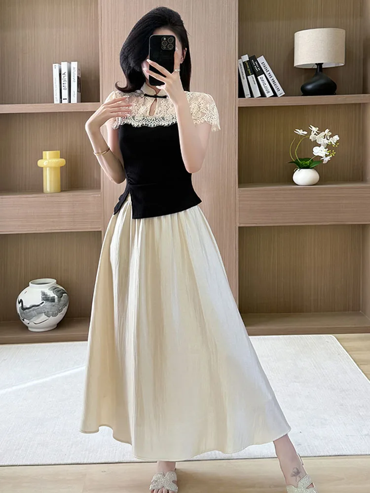 

New Fashion Chinese style 2 Piece Set Women's Lace Splicing Short Sleeve Slim Tops + High Waist A-Line Skirts Vintage Outfits