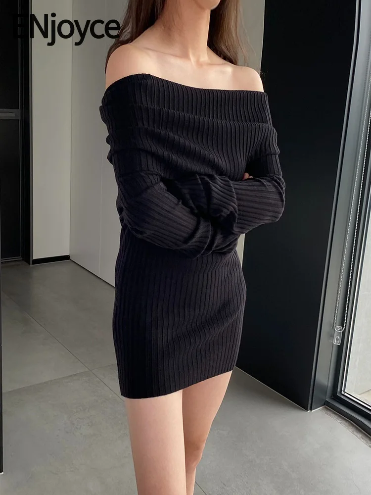 

Women Korean Fashion Slim fit Sweaters Knitted Pullovers Ladies Off Shoulder Dress 2024 Autumn Casual Long Sleeve Knitwears