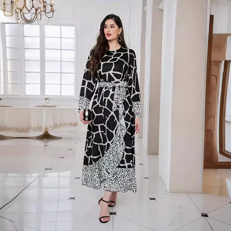 2025 Middle Eastern Arab Women's Leopard Print Ruffle Patchwork Dress