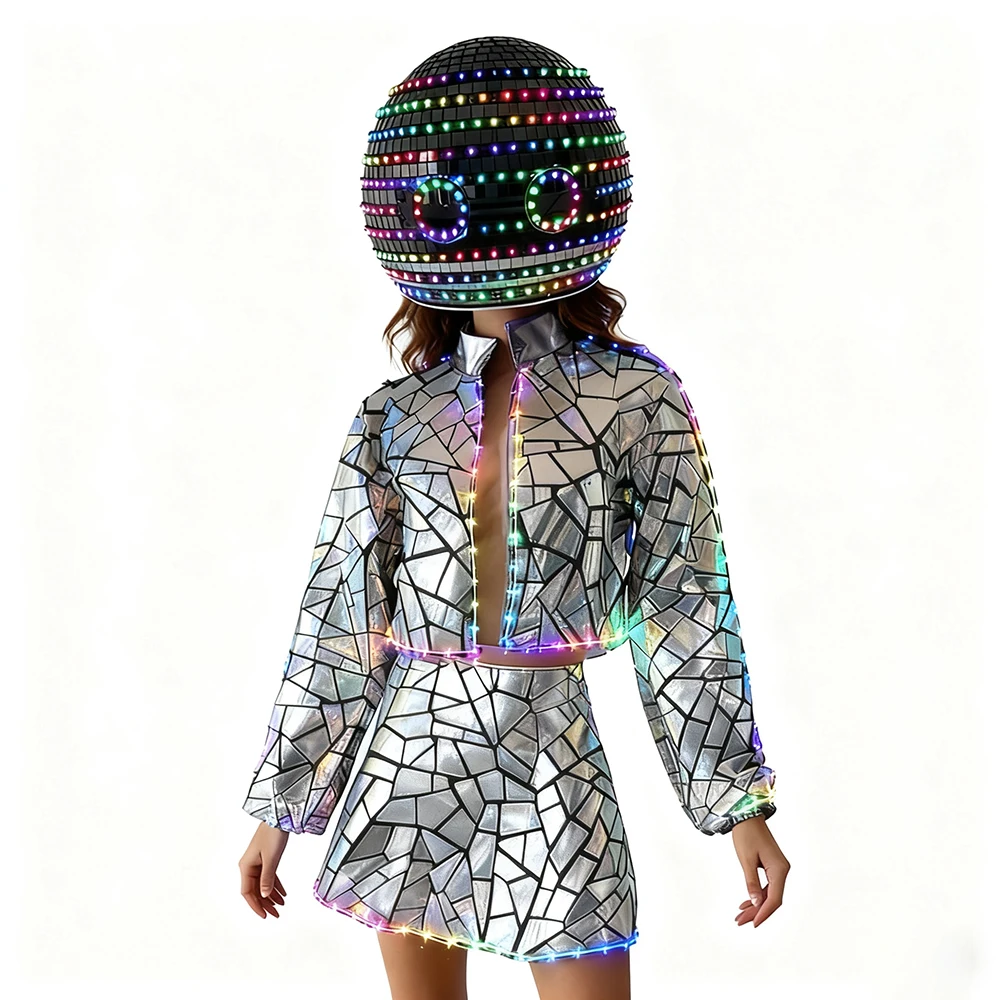

Женский комбинезон с LED-подсветкой и пайетками, длинный рукав, зеркальная ткань, светящееся платье, сценический костюм для певиц, ночных клубов, рейвов и выступлений.
