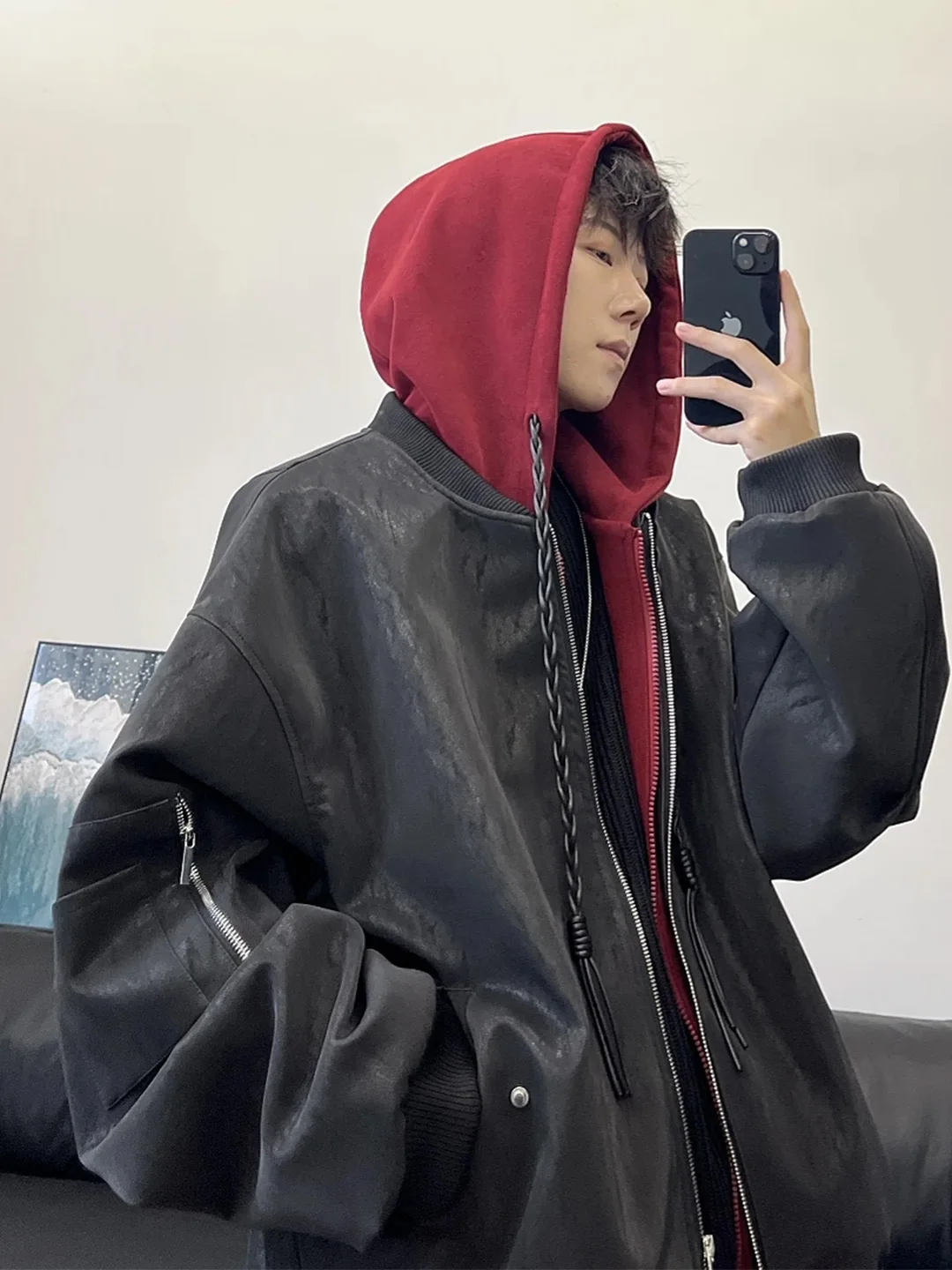 

American Sle Men's PU Leather Jaet with Hood Fake Two-Piece Design And Patchwork Motorcycle Coat for Autumn Outdoor Wear