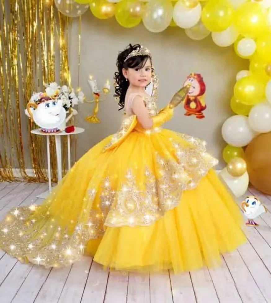 Gold Girls Princess Dress 2024 Tulle Tiered Flower Girl Dress Toddlers Beaded Lace Pageant Dress Customized Birthday Party Gowns