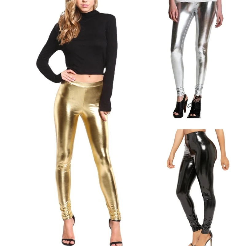 Women Glitter Metallic Pencil Leggings Punk Bright PU Faux Leather Skinny Elastic High Waist Tights Trouser Clubwear