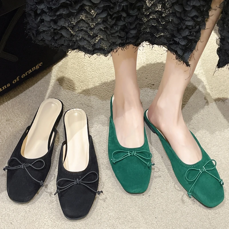 Vintage Green Faux Suede Mule Shoes donna 2023 autunno New Ballet pantofole piatte Ladies Concise Outdoor Closed Toe Slides con fiocco