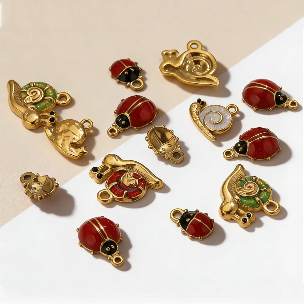 5PCS Enamel Snail Ladybug Charms Insect Animal Pendants 18K Gold Stainless Steel for DIY Necklace Bracelet Jewelry Making Wholes