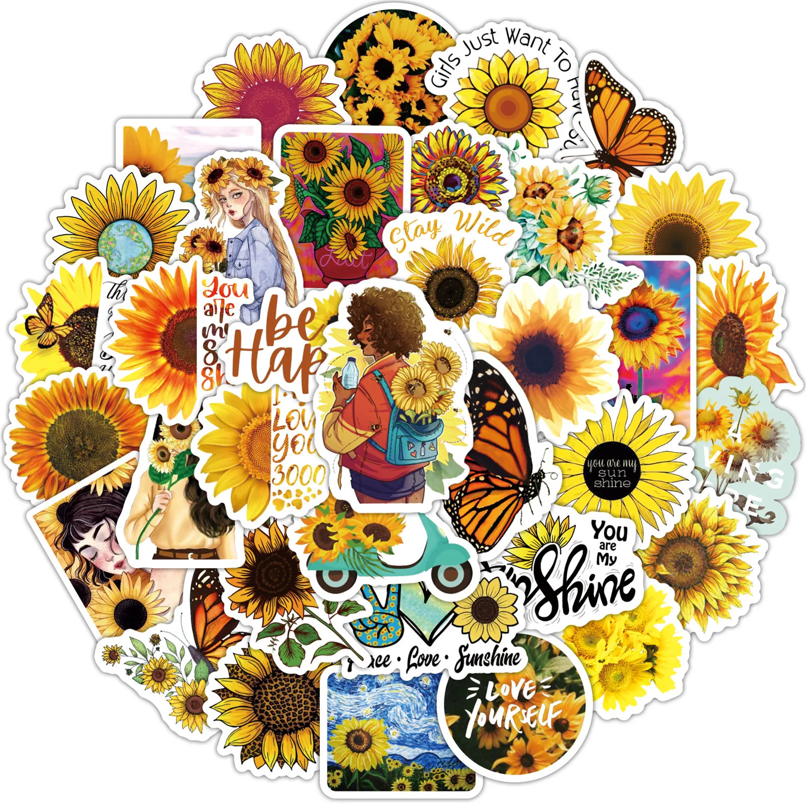 10/30/50pcs  Sunflower Classic Spring Flower Graffiti Stickers Plant Cartoon Character Animation Water Cup Trolley Box Stickers