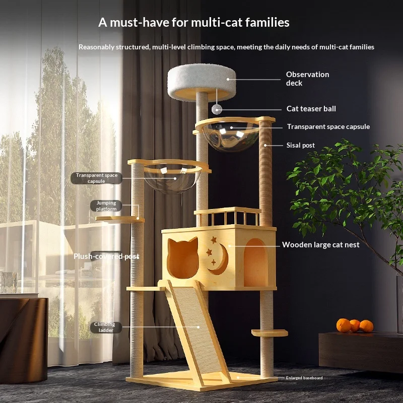 Árbol rascador de madera extragrande para gatos, salto y cueva - imagen 5