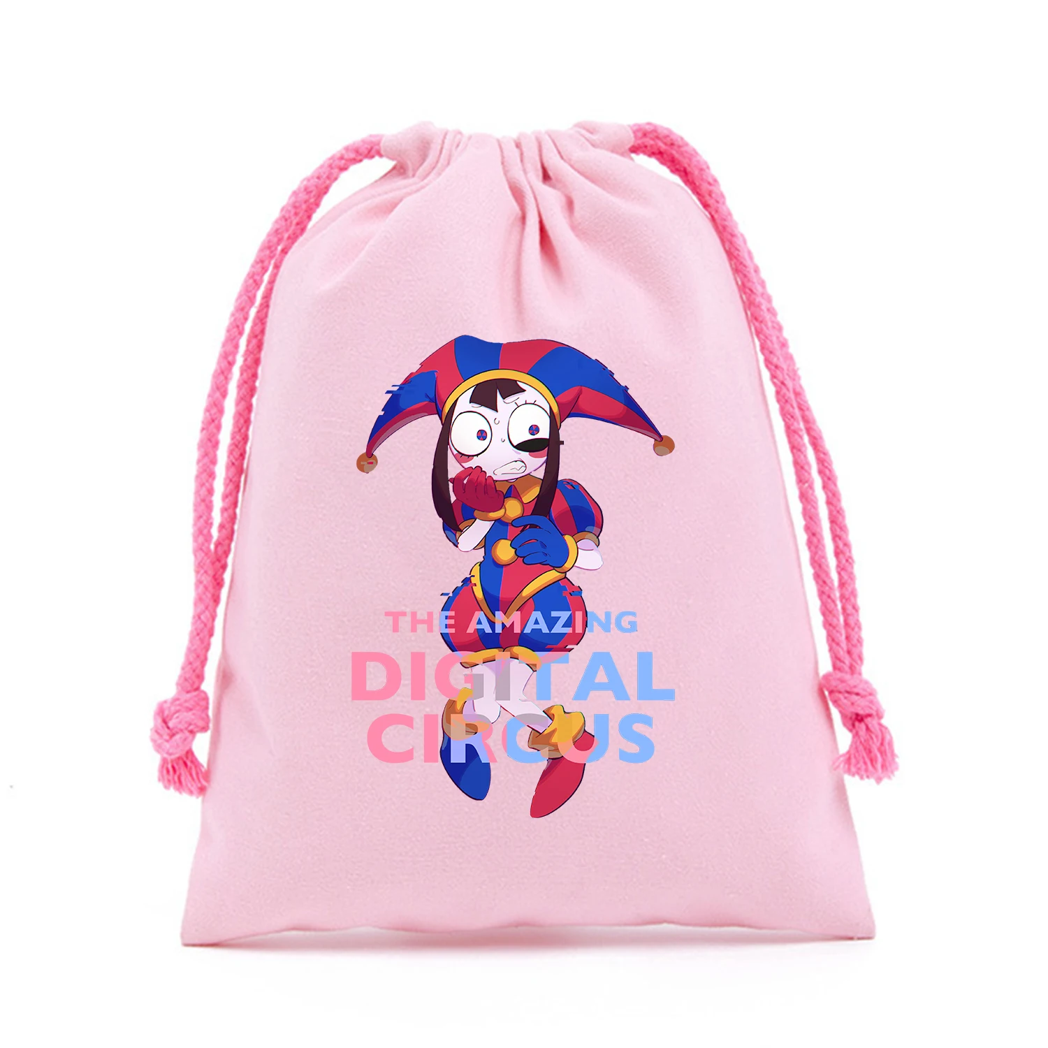 Amazing Digital Circus Gift Bag Pomni Drawstring Bag Game Storage Bags Cute Print Flannel Drawstring Pouch Anime Kids Party Bag