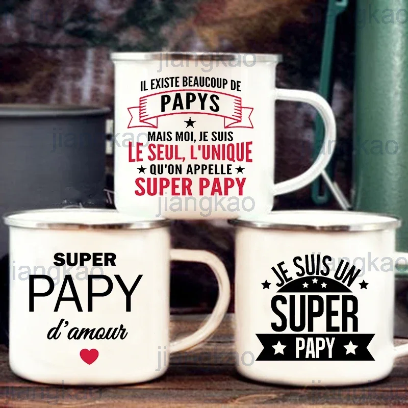Super Papy Print Tassen Kreative Kaffeetassen Wasser trinken Tee Camping Tasse Emaille Becher Outdoor Home Griff Trinkgeschirr Geschenk für Opa