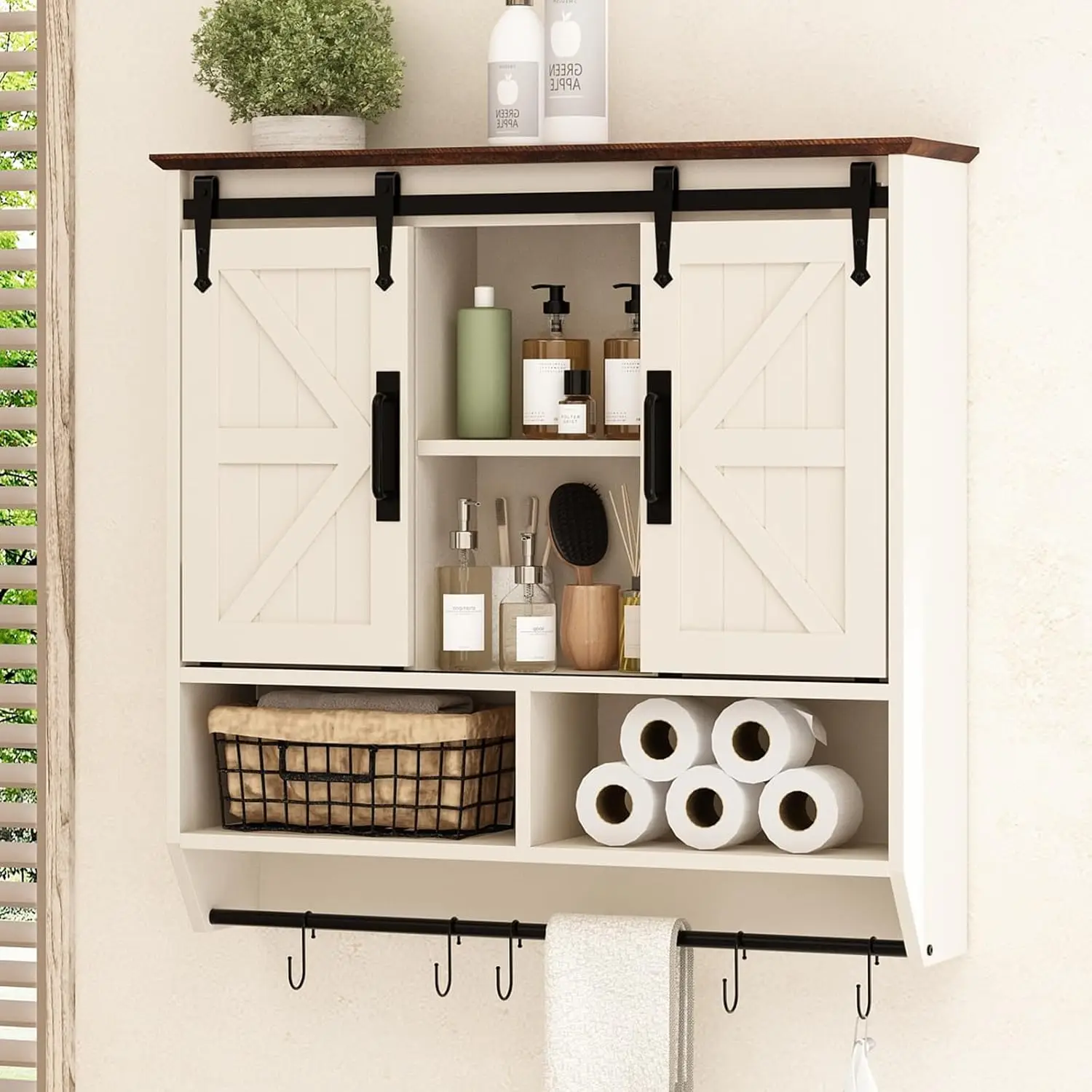 

Farmhouse Bathroom Wall Cabinet,3-Tier Rustic Wood Wall Mounted Cabinets,Vintage Medicine Cabinet with Sliding Barn, Customized