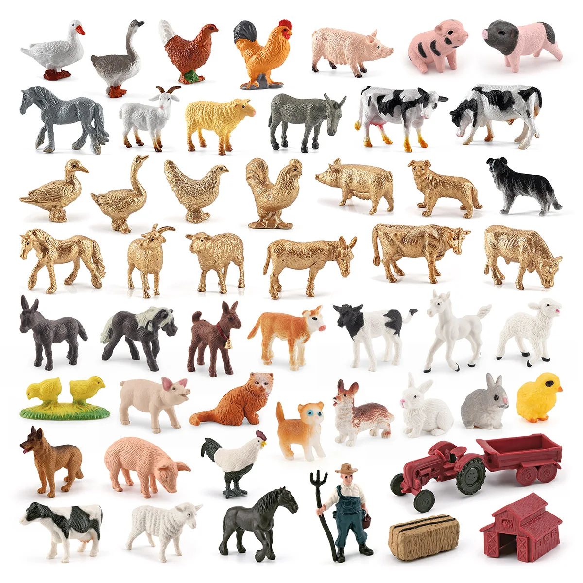 1set Mini Farm Animals Model Set Cow Sheep Rabbit Dog Chicken Duck Goose Solid Figurine Miniature Desktop Sand Table Decoration