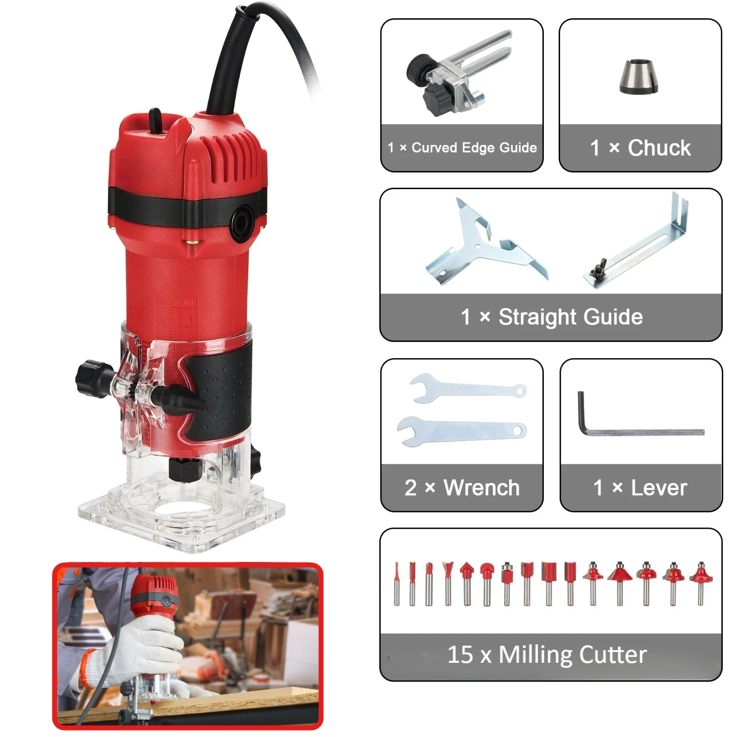 

800W Compact Palm Router Tool Set with 15PCS Accessories Hand Wood Trimmer Router for Woodworking