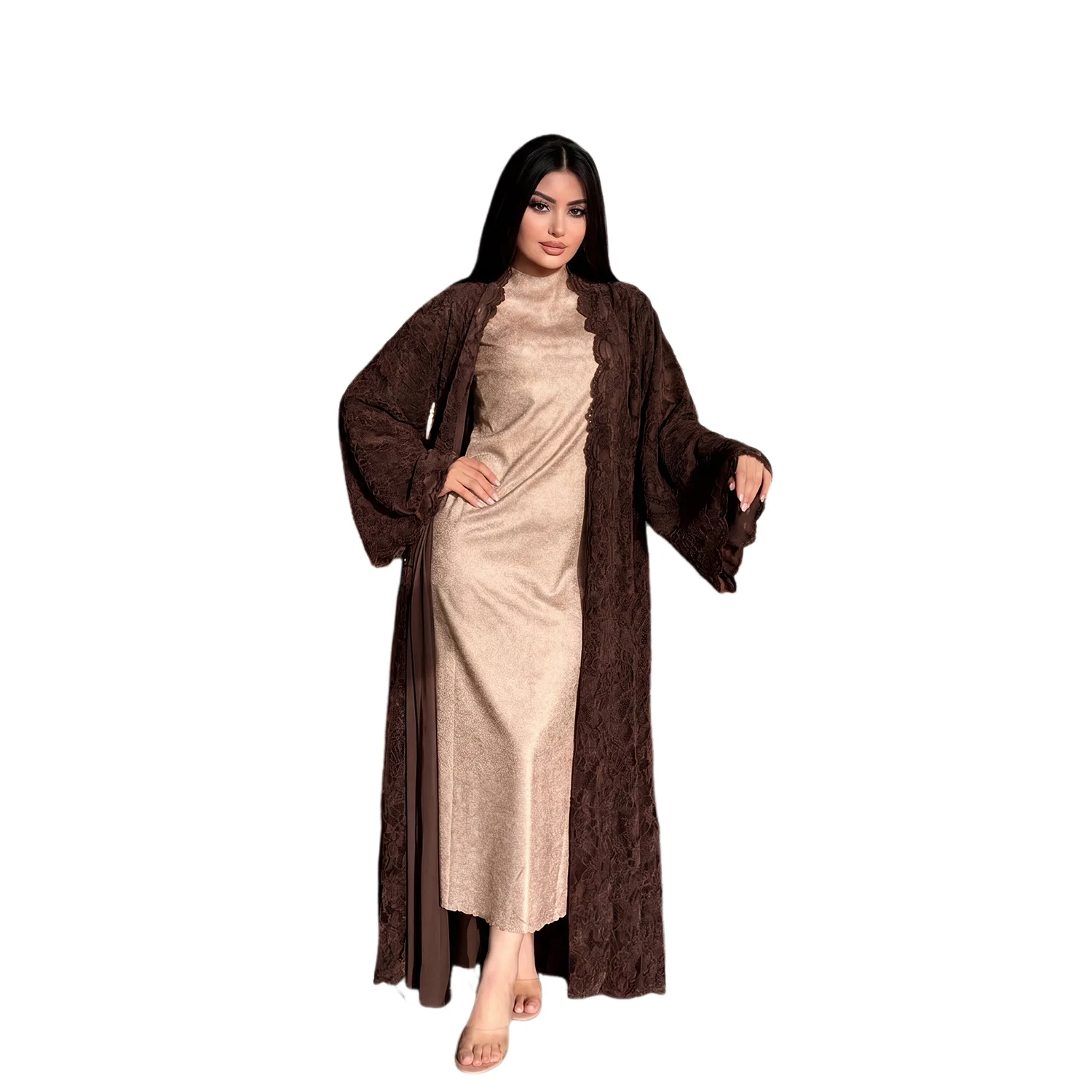

Dubai Elegant Double Layer Lace Open Abaya Cardigan Women Dress Soft Breathable Loose Outerwear Casual Cover Up Islamic Clothing