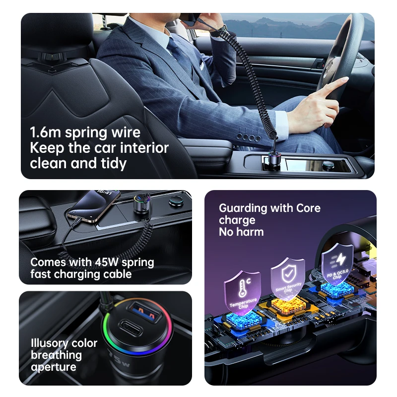 شاحن سيارة بلوتوث جديد 75 وات، شاحن متعدد الوظائف، منفذ من النوع C مع كابل زنبركي بإضاءة LED، موصل USB من النوع C #3