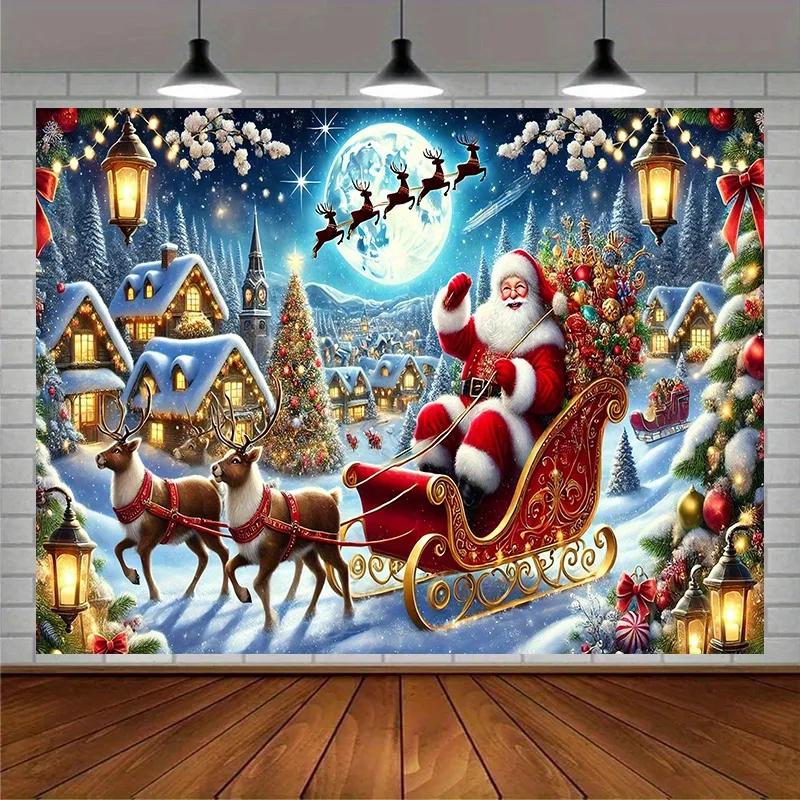 Santa Claus Reindeer Village Tapestry, Snowy Winter Scene with Bunting Lights Wall Art for Indoor Outdoor Holiday Decor