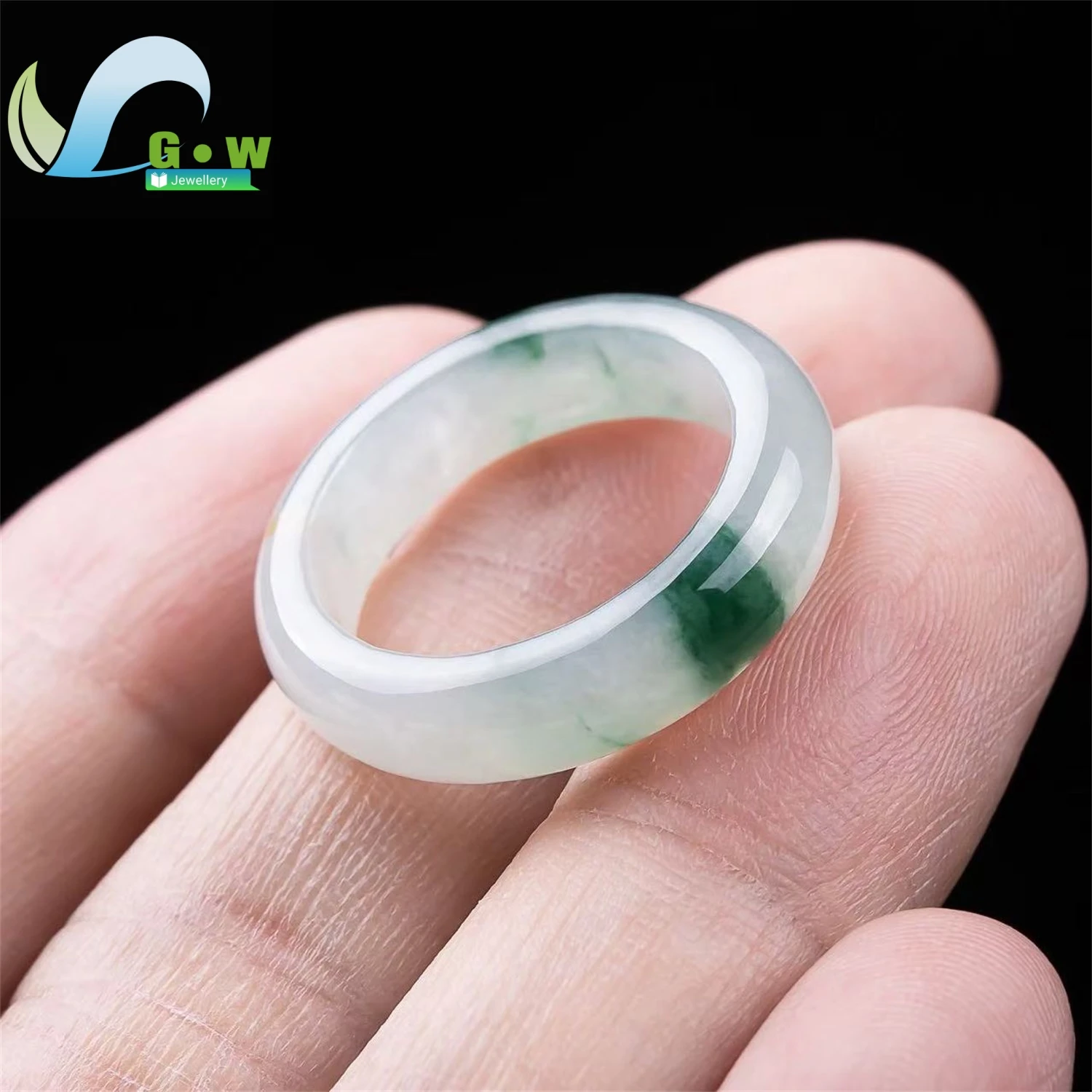 Natural Grade A Jadeite Ice Type Floating Blue Green Flower Jade Ring Unisex Minimalist Fashion Gemstone Band Adjustable Daily