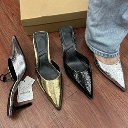 Summer Pointed High Heels Sandals for Ladies Brand Designer Sexy Outdoor Shiny Leather Party Dress Women Mules Shoes Wholesale