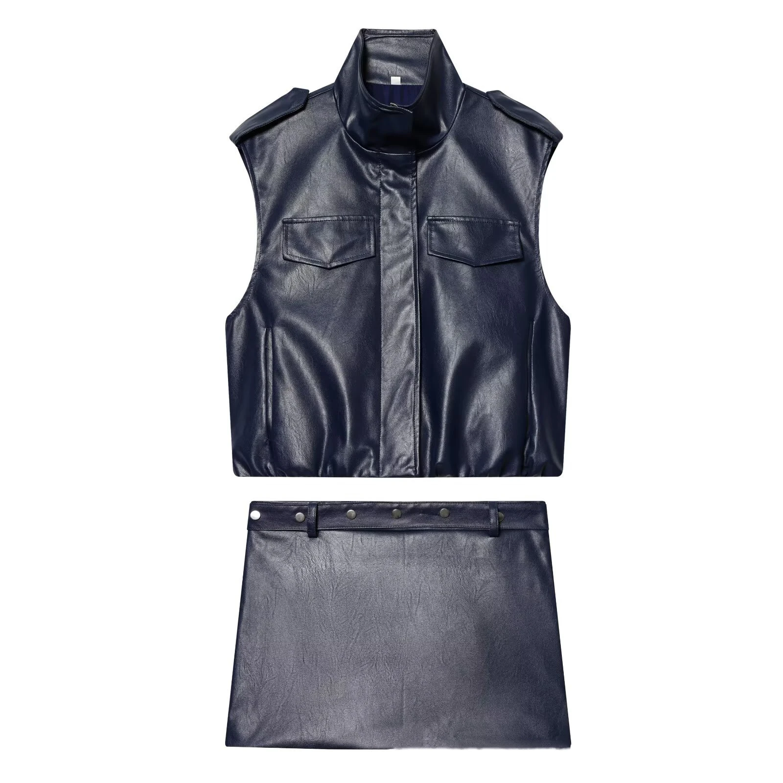Stand Up Collar Leather Vest Rivets Tight Fitting Slim Fitting Leather Mini Skirt American Style Solid Color Fashion Women's Set
