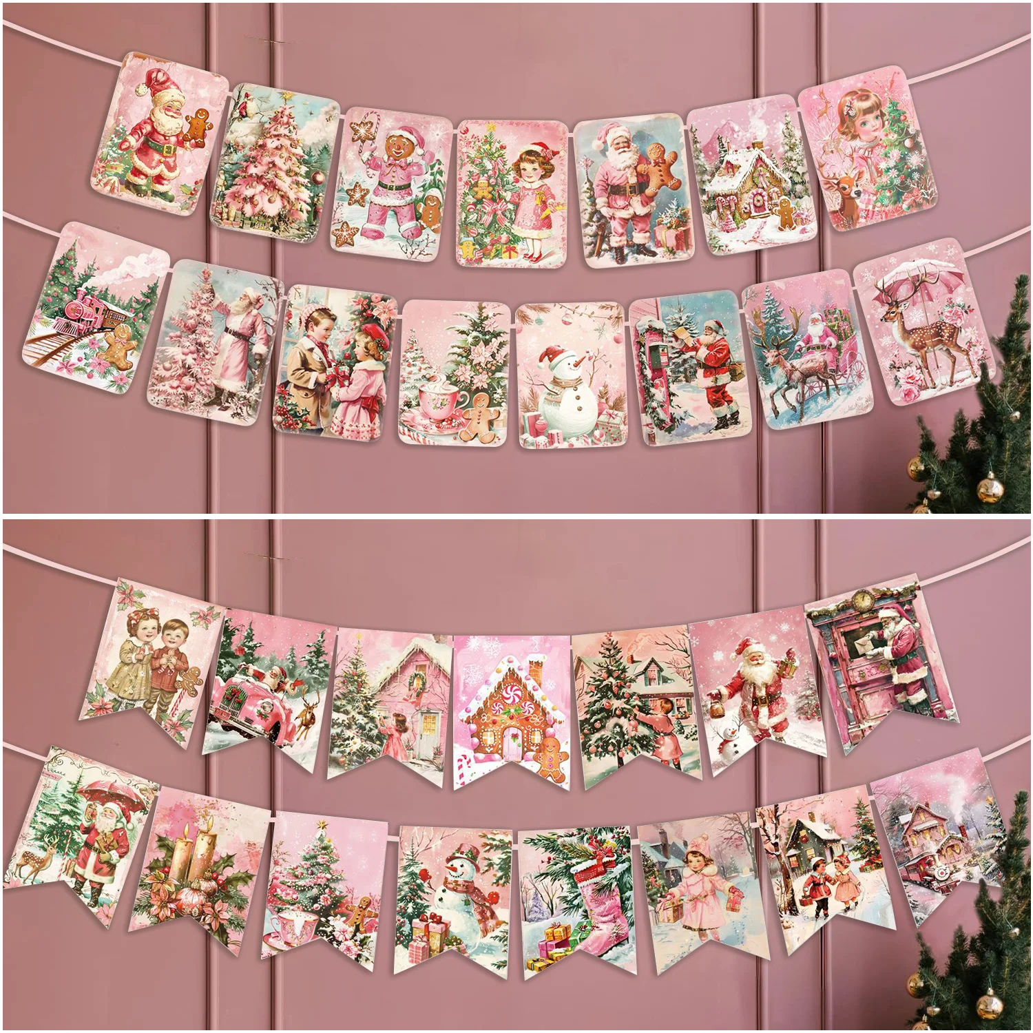 Pink Christmas Decoration Props Vintage Banner Flags Christmas Party Supplies Christmas Wall Hanging Decorations