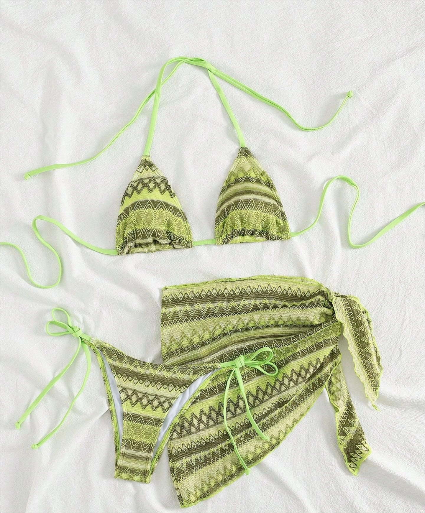 Women Green Geometric Stripe Halter Bikini Set with Wrap Skirt Cover-ups Swimwear Beach Pool Vacation Summer Thong Swimsuits