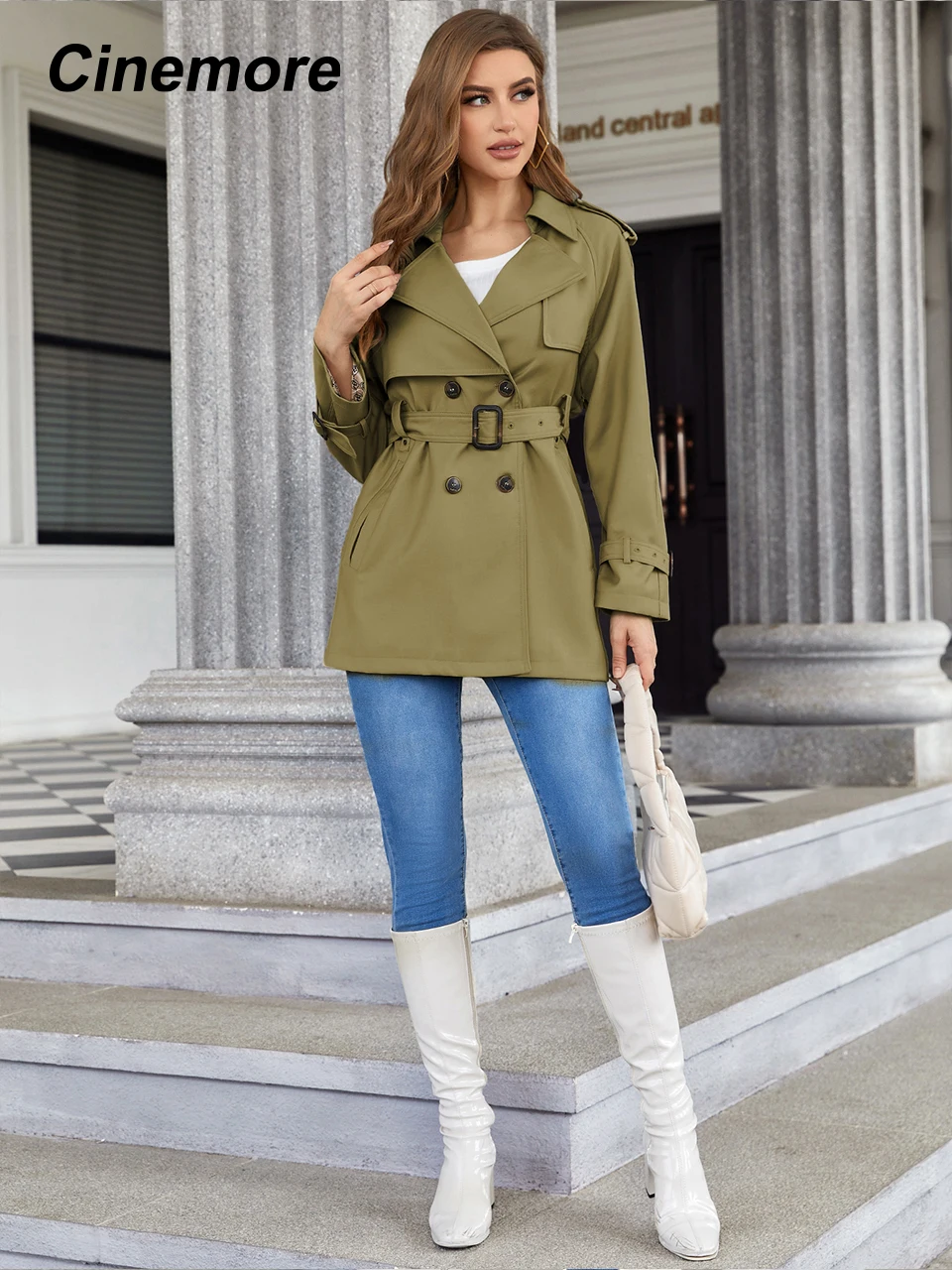 Cinemore autunno Trench medio-lungo per donna giacca a vento Casual doppio petto bavero con cintura cappotto femminile antivento