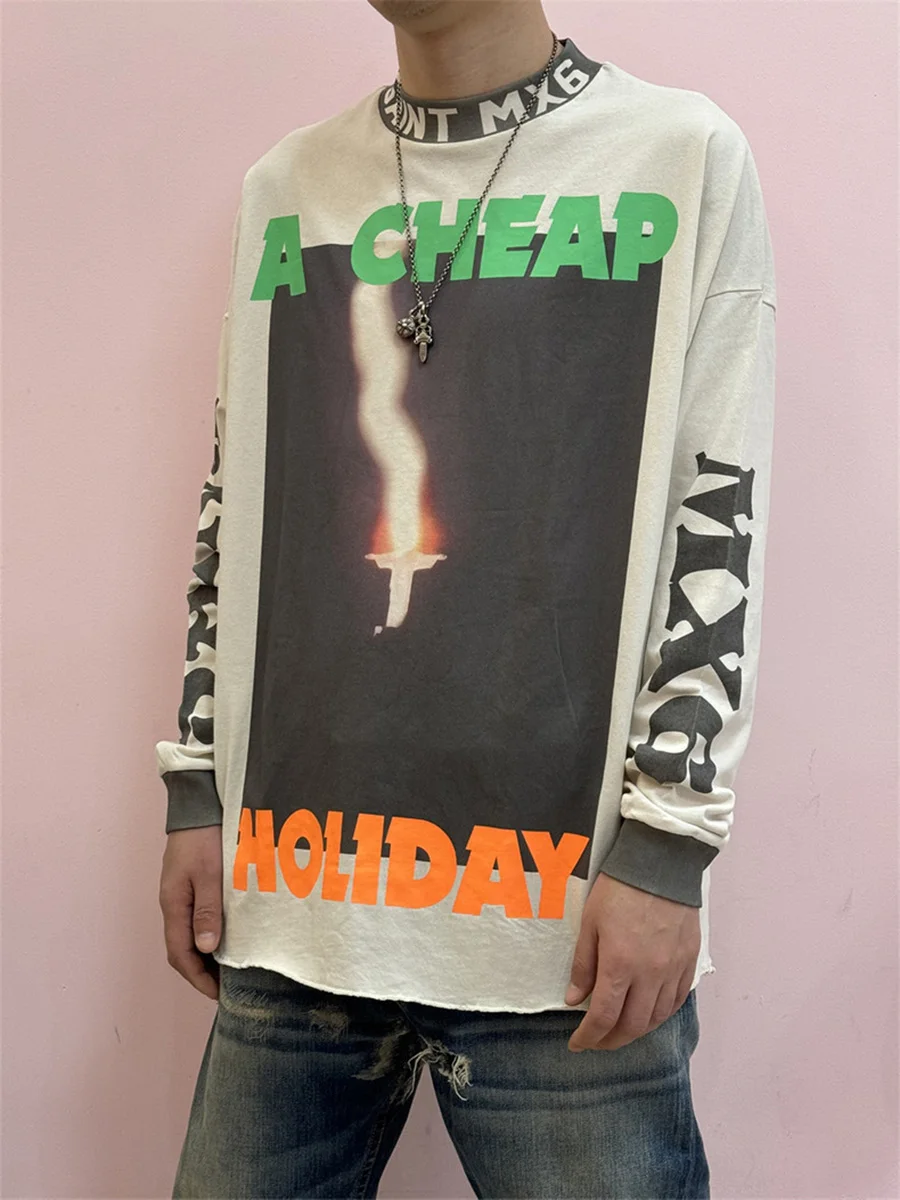 Washed Vintage Long Sleeve T-Shirt Loose Fit High Collar Unisex Lightning Hand Printed Cotton Casual Wear for Men And Women