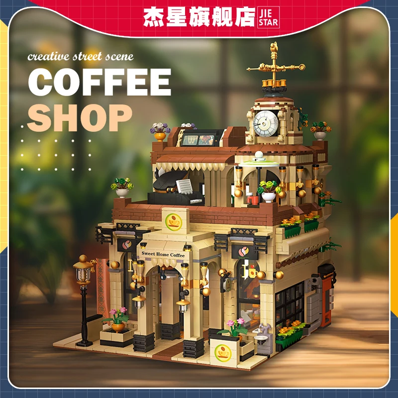 New JIESTAR 89120 MOC Retro Coffee House Shop Led Light Street View Building Blocks Bricks Puzzle Toys Christmas Gifts For Kids