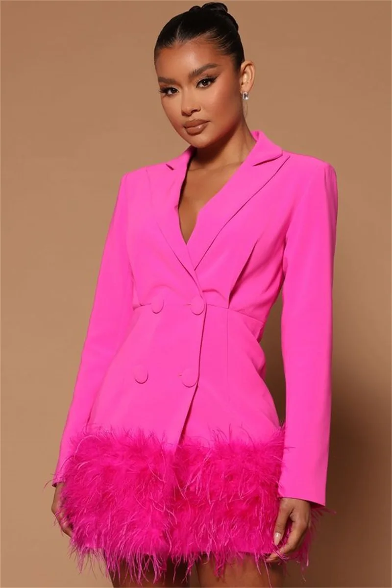 Mode Barbiecore Roze Vrouwen Suits Blazer Prom Jurk Struisvogelveren Sexy V-hals Jacket Tailored Fashion Party Женский Костюм