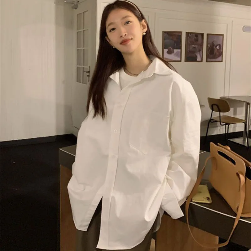 Xpqbb-韓国の長袖ルーズフィットTシャツ,女性用ホワイトカジュアルブラウス,ハラジュクブラウス,学生用シフォンシャツ,新品,秋