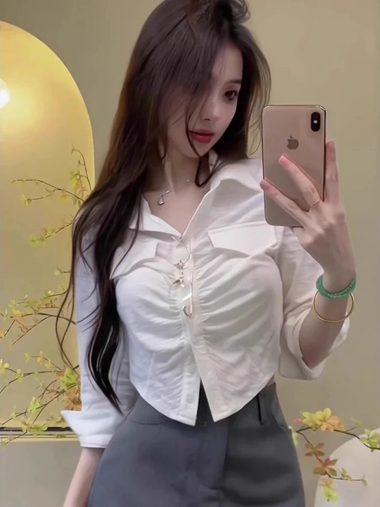 Women\'s Shirt and Blouse Woven Lapel White Female Tops Summer 2024 Novelties Cool Y2k Fashion Youthful Elegant M Clothing Sales