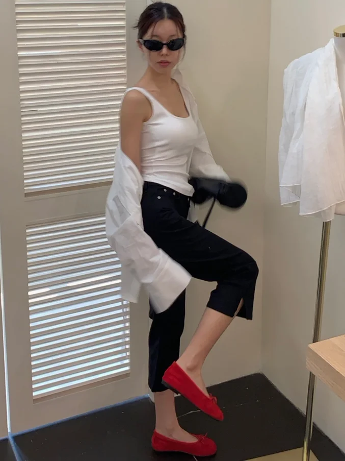 High Waist Side Slit Casual Jeans Women's Elastic Slimming Straight Leg Net Version 7 Length Casual Pants Slim Fit Denim