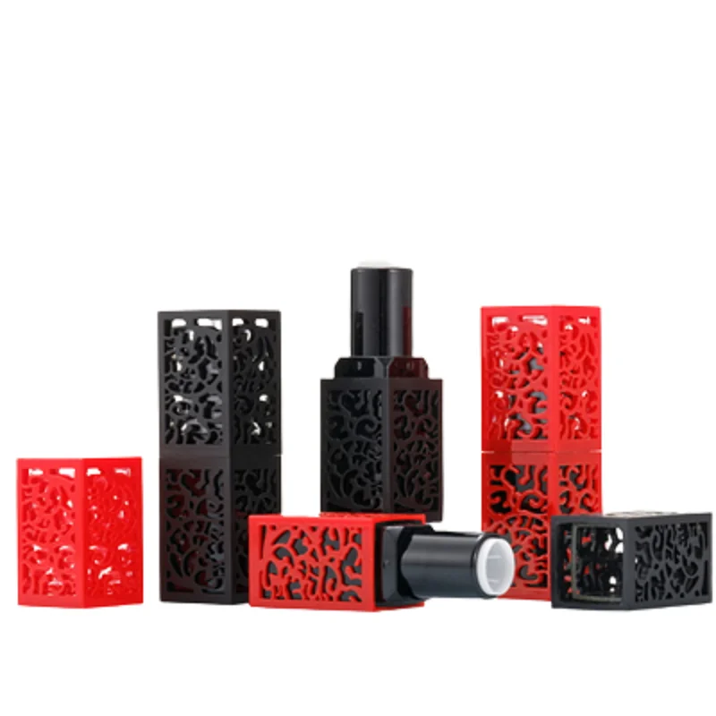 30Pcs Refillable Bottle 12.1mm Square Lip Balm Container Retro Style Hollow Cosmetic Packaging Red Black Plastic Lipstick Tubes