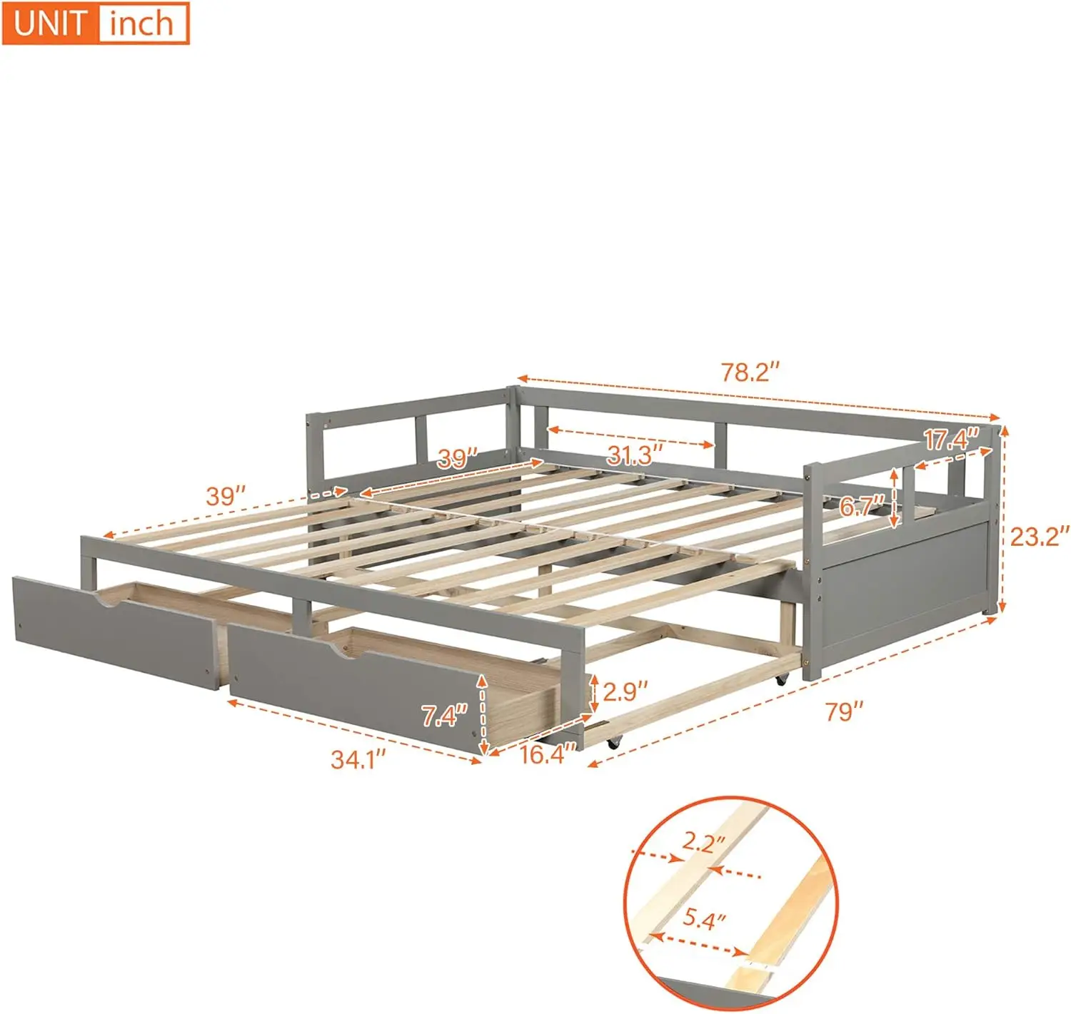 Extendable Daybed with Two Storage Drawers, Twin/King Size FoldableRoll Out Trundle Accommodate Twin Size Mattresses (Gray)