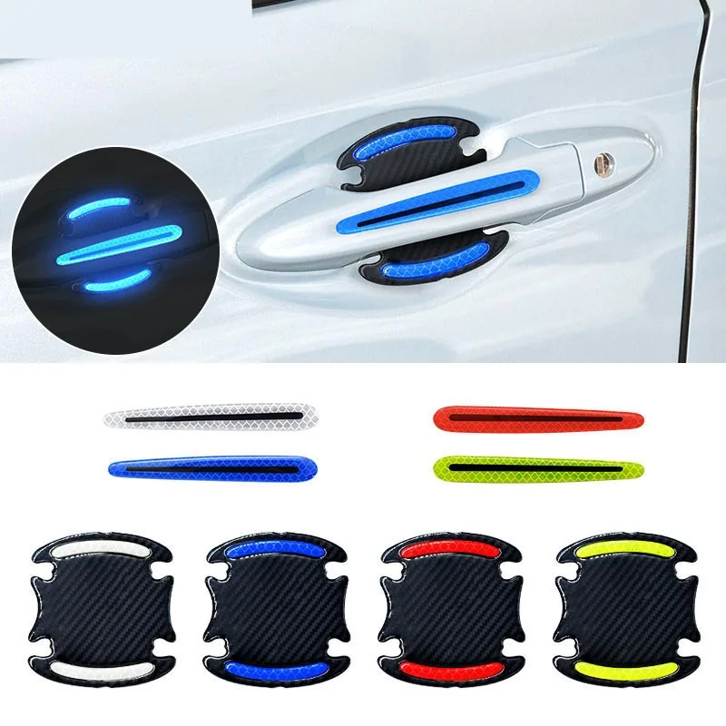 Adesivo Refletivo De Fibra De Carbono para Carro, Decalques 3D, Maçaneta e Tigela, Tiras De Aviso De Proteção, Acessórios Exterior Do Carro, 8PCs