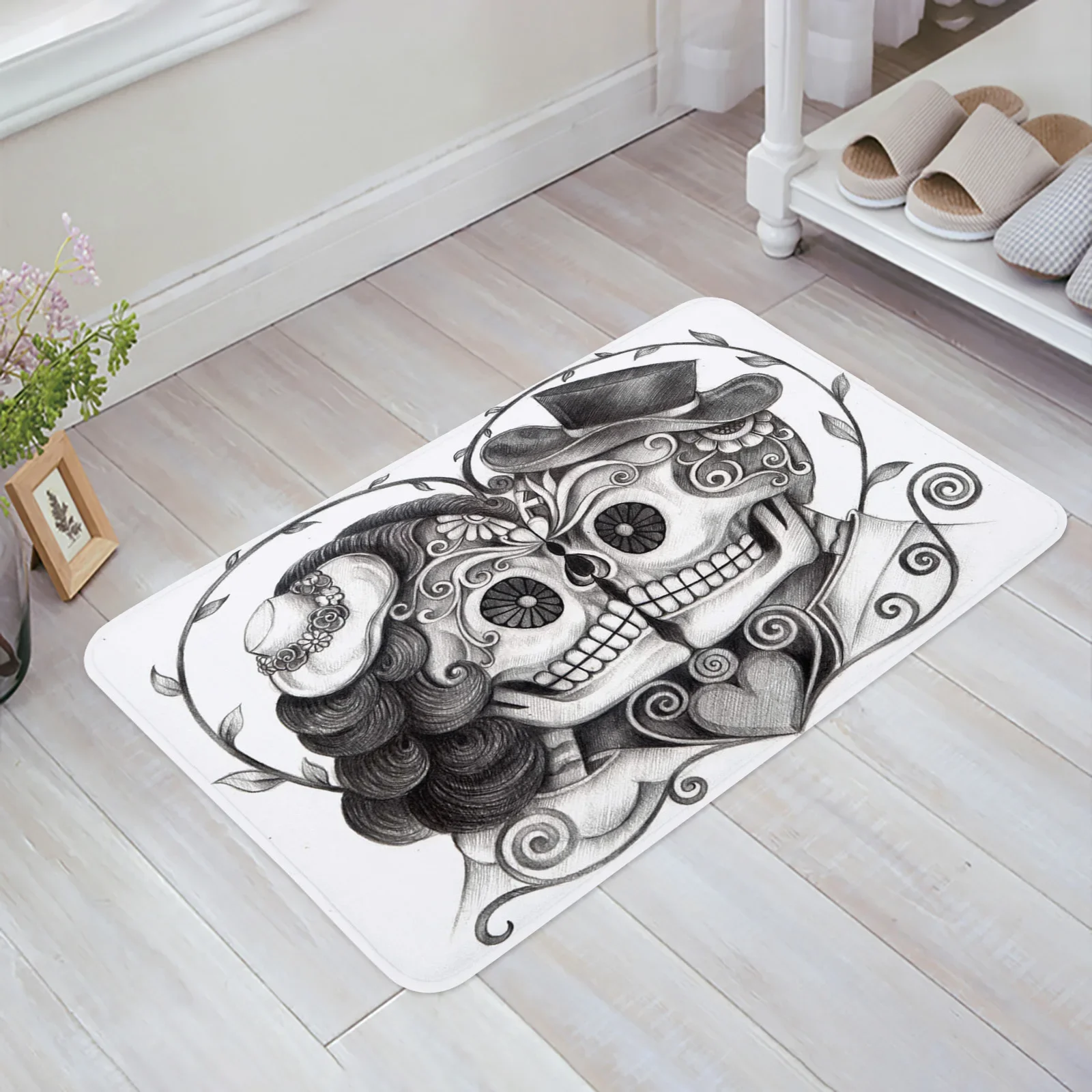 

Love Skull Flowers White Floor Mat Entrance Door Mat Living Room Kitchen Rug Non-Slip Carpet Bathroom Doormat Home Decor