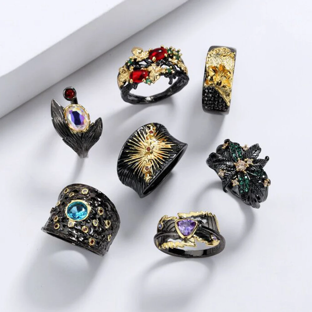 Anillos de cristal de circonita AAA para mujer, joyería Bohemia elegante de lujo, Color negro y dorado, piedra lunar, Serie de flores, tendencia